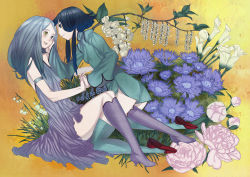 Rule 34 | 2girls, bad id, bad pixiv id, bare shoulders, black hair, blue eyes, blue hair, blush, boots, dress, eye contact, flower, holding hands, hand on another&#039;s face, happy, harmaline, heterochromia, highres, interlocked fingers, long hair, looking at another, multiple girls, original, sitting, smile, thigh boots, thighhighs, yellow eyes, yuri