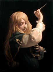 Rule 34 | 1girl, conductor baton, blonde hair, capelet, dark, eyelashes, closed eyes, hand on own chest, hand up, highres, imai takahiro, light smile, lips, long hair, oil painting (medium), original, painting (medium), signature, solo, texture, traditional media, upper body