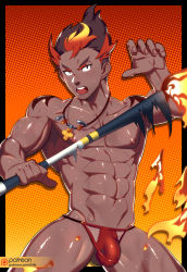 Rule 34 | 1boy, abs, biceps, black border, black eyes, border, brown hair, bulge, collarbone, commentary request, creatures (company), dark-skinned male, dark skin, fire, game freak, gradient background, hand up, highres, holding, jewelry, kiawe (pokemon), looking at viewer, lvlv, male focus, male underwear, multicolored hair, muscular, muscular male, navel, necklace, nintendo, nipples, open mouth, pectorals, pokemon, pokemon sm, red hair, red male underwear, shiny skin, short hair, solo, sweat, teeth, thong, tongue, underwear, veins