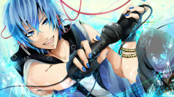 Rule 34 | 1boy, bad id, bad pixiv id, bare shoulders, black gloves, blue eyes, blue hair, blue nails, bracelet, fingerless gloves, gloves, headphones, jewelry, kaito (vocaloid), kaya (hydego), male focus, matching hair/eyes, microphone, nail polish, short hair, smile, solo, vocaloid