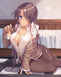 Rule 34 | 1girl, alcohol, arm support, bed, beer, black pantyhose, blue eyes, blush, breasts, brown hair, cleavage, collarbone, curvy, drunk, facial mark, holding, kanpani girls, large breasts, long hair, looking at viewer, lyle warwick, no bra, no pants, on floor, pantyhose, parted lips, smile, solo, taletale, unbuttoned, unbuttoned shirt, very long hair, wide hips