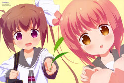 Rule 34 | 10s, 2girls, absurdres, bag, bow, brown hair, grass, hair bow, highres, holding, ichinose hana, looking at viewer, momochi tamate, multiple girls, official art, open mouth, orange eyes, outstretched arm, purple eyes, school bag, school uniform, simple background, slow start, smile