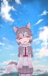Rule 34 | 1girl, :d, ^ ^, animal ear fluff, animal ears, bad id, bad pixiv id, blue sky, blush, closed eyes, cloud, commentary request, day, dog (shiba inu) (kemono friends), dog ears, dog girl, dog tail, facing viewer, fur-trimmed sleeves, fur trim, grey hair, grey skirt, gyahu, head tilt, highres, jacket, kemono friends, multicolored hair, open clothes, open jacket, open mouth, outdoors, pantyhose, pleated skirt, shirt, short sleeves, skirt, sky, smile, solo, sweater vest, tail, teeth, two-tone hair, upper teeth only, white hair, white jacket, white pantyhose, white shirt