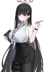 Rule 34 | 1girl, absurdres, black hair, black pantyhose, black skirt, blue archive, blush, breasts, cleavage, closed mouth, collarbone, collared shirt, hair ornament, hairpin, halo, highres, holding, holding pen, holding tablet pc, id card, large breasts, long hair, looking at viewer, pantyhose, pen, rahy, red eyes, rio (blue archive), shirt, simple background, skirt, sleeveless, sleeveless shirt, solo, tablet pc, white background, white shirt