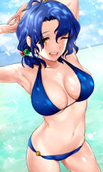 Rule 34 | 1girl, ;d, absurdres, antenna hair, armpits, arms behind head, arms up, bad id, bad pixiv id, bare shoulders, bikini, blue bikini, blue hair, blush, breasts, cleavage, collarbone, commentary request, cowboy shot, day, earrings, hair bobbles, hair ornament, halterneck, hanamasa ono, highres, horizon, idolmaster, idolmaster million live!, jewelry, large breasts, looking at viewer, low ponytail, navel, ocean, one eye closed, open mouth, outdoors, parted bangs, round teeth, short hair, skindentation, smile, solo, splashing, stomach, stretching, swimsuit, teeth, toyokawa fuka, upper teeth only, water, yellow eyes
