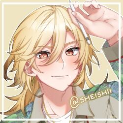 Rule 34 | 1boy, artist name, blonde hair, brown shirt, closed mouth, earrings, genshin impact, holding, holding pen, jewelry, kaveh (genshin impact), long hair, long sleeves, looking at viewer, male focus, necklace, pen, red eyes, sheishii, shirt, smile, solo, twitter username