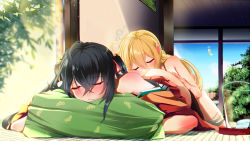 Rule 34 | 2girls, ahoge, albacore (azur lane), azur lane, bare shoulders, black hair, blonde hair, blue sky, blush, breast press, breasts, bubble, cheek press, chromatic aberration, cleavage, commentary request, crossed bangs, cushion, day, dress, fence, futon, glass, hair between eyes, hand on another&#039;s ass, head on ass, highres, indoors, japanese clothes, kimono, large breasts, long hair, lying, monobe yuri, multiple girls, off shoulder, on stomach, open door, red dress, red eyes, red kimono, sky, sleeping, sleeping on person, sliding doors, taihou (azur lane), tatami, thighhighs, thighs, tree, wavy mouth, wide sleeves, wooden fence, yuri
