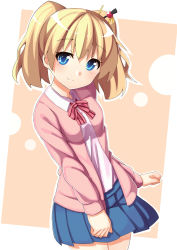 Rule 34 | 10s, 1girl, alice cartelet, bad id, bad pixiv id, blonde hair, blue eyes, blue skirt, bow, bowtie, collared shirt, dacchi, hair ornament, highres, kin-iro mosaic, looking at viewer, pink shirt, pink sweater, pleated skirt, shirt, short hair, skirt, solo, striped bow, striped bowtie, striped clothes, sweater, twintails