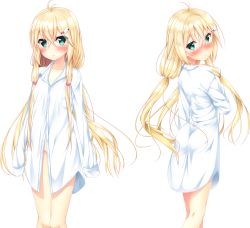 Rule 34 | 1girl, artist request, blonde hair, blush, bottomless, character request, crossed bangs, game cg, green eyes, hair ornament, highres, long hair, long sleeves, looking back, multiple views, naked shirt, nose blush, shirt, sidelocks, sleeves past wrists, smile, source request, transparent background, very long hair