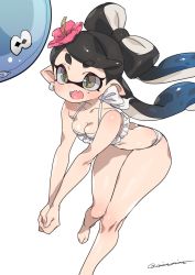 Rule 34 | 1girl, :d, ball, bare arms, bare legs, bare shoulders, barefoot, beachball, bikini, bikini top only, bow, breasts, callie (splatoon), ear piercing, earrings, flower, frilled bikini, frilled bikini top, frills, highres, inkling, jewelry, looking up, mole, mole under eye, nintendo, nitronic, open mouth, own hands together, panties, piercing, playing sports, pointy ears, running, signature, simple background, small breasts, smile, solo, splatoon (series), splatoon 1, swimsuit, symbol-shaped pupils, tentacle hair, thick thighs, thighs, underwear, volleyball, white background, white bikini, white panties, wide hips
