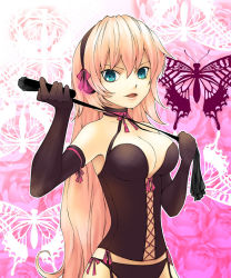 Rule 34 | 1girl, a76gma, blue eyes, breasts, cleavage, corset, dominatrix, elbow gloves, girdle, gloves, leather, long hair, megurine luka, panties, pink hair, side-tie panties, solo, underwear, vocaloid, whip