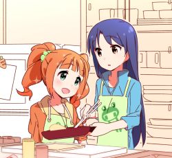 Rule 34 | 2girls, :d, :o, animal print, apron, blue hair, blue jacket, blunt bangs, blush, brown eyes, carrot, chopsticks, collarbone, cooking, dark blue hair, dot nose, eye contact, eyes visible through hair, frog print, from side, frying pan, green apron, green eyes, hands up, head tilt, holding, holding chopsticks, holding frying pan, hood, hood down, hoodie, idolmaster, idolmaster (classic), indoors, jacket, kisaragi chihaya, kitchen, light blush, long hair, long sleeves, looking at another, looking to the side, magnet, multiple girls, open mouth, orange hair, orange hoodie, paper, parted bangs, parted lips, popped collar, print apron, refrigerator magnet, short sleeves, sleeves past elbows, smile, sparkle, sparkling eyes, straight hair, takatsuki yayoi, tareme, twintails, upper body, wavy hair, yoru nai
