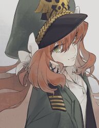 Rule 34 | 1girl, anchor earrings, bow, coat, collared shirt, earrings, green coat, green eyes, green hat, hair bow, hat, highres, ishmael (project moon), jewelry, limbus company, long hair, long sleeves, looking at viewer, military hat, military uniform, orange hair, project moon, shiqicheng, shirt, sidelocks, simple background, smile, solo, uniform, very long hair, white background, white bow, white shirt