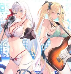 Rule 34 | 2girls, aqua eyes, bare shoulders, black gloves, bow, bow panties, bra, braid, breasts, chestnut mouth, cleavage, closed mouth, cropped, earrings, gloves, green bra, guitar, hair bow, holding, holding guitar, holding instrument, holding microphone stand, index finger raised, instrument, jewelry, large breasts, long hair, looking at viewer, microphone stand, multiple girls, official art, one eye closed, open mouth, panties, pointing, pointing at viewer, red bow, regina mercedes, riselia ray crystalia, seiken gakuin no maken tsukai, stomach, thigh strap, toosaka asagi, underwear, white bra, white hair, white panties