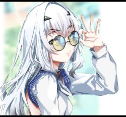 Rule 34 | 1girl, absurdres, backless outfit, bespectacled, breasts, melusine (fate), fate/grand order, fate (series), forked eyebrows, glasses, highres, long hair, nishimi shin, round eyewear, small breasts, smile, tinted eyewear, white hair, yellow eyes