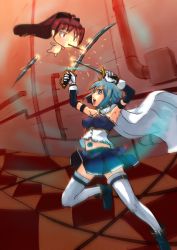 Rule 34 | 10s, 2girls, blue hair, cape, cometch, dual wielding, gloves, hair ornament, hairclip, highres, holding, looking at another, magical girl, mahou shoujo madoka magica, mahou shoujo madoka magica (anime), miki sayaka, multiple girls, open mouth, ponytail, red eyes, red hair, sakura kyoko, soul gem, sword, thighhighs, weapon, white gloves, white legwear