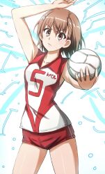 Rule 34 | 1girl, arm up, ball, brown eyes, brown hair, closed mouth, collared shirt, commentary, cosplay, cowboy shot, electricity, female focus, flower, frown, girls und panzer, hair flower, hair ornament, highres, holding, holding ball, looking at viewer, micro shorts, misaka mikoto, omachi (slabco), playing sports, red shirt, red shorts, shirt, shorts, single vertical stripe, sleeveless, sleeveless shirt, solo, sportswear, standing, toaru kagaku no railgun, toaru majutsu no index, translated, volleyball, volleyball (object), volleyball uniform