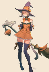 Rule 34 | absurdres, arms behind back, bare shoulders, beige background, bob cut, boots, bow, bowtie, broom, brown hair, cat, cat tail, character request, detached sleeves, final fantasy, final fantasy xiv, full body, green eyes, hat, hat ornament, highres, jack-o&#039;-lantern, kuroimori, lantern, looking at viewer, miniskirt, orange bow, orange bowtie, orange ribbon, orange skirt, pumpkin hat ornament, purple footwear, purple hat, purple sleeves, ribbon, ribbon-trimmed legwear, ribbon trim, skirt, skirt set, solo, standing, statue, strapless, swept bangs, tail, thigh boots, thighhighs, warrior of light (ff14), witch hat