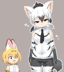 Rule 34 | 2girls, aardwolf (kemono friends), animal ears, animal print, black eyes, black gloves, black hair, black necktie, black shorts, blush, bow, bowtie, breasts, cat ears, cat girl, closed mouth, collared shirt, commentary request, cowboy shot, elbow gloves, gloves, grey background, hair between eyes, heart, kemono friends, leopard print, lets0020, long bangs, looking at another, looking at viewer, medium bangs, medium breasts, multicolored hair, multiple girls, necktie, open mouth, outline, print bow, print bowtie, serval (kemono friends), shirt, shorts, simple background, sleeveless, sleeveless shirt, smile, tail, two-tone hair, white gloves, white hair, white outline, white shirt, wolf ears, wolf girl, wolf tail, yellow eyes