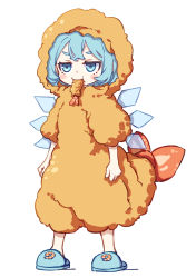 Rule 34 | 1girl, absurdres, alternate costume, blue eyes, blue hair, blush stickers, cirno, commentary request, detached wings, fairy, food, food-themed clothes, highres, ice, ice wings, kame (kamepan44231), mouth hold, short hair, short sleeves, shrimp, shrimp tempura, simple background, slippers, solo, tempura, touhou, white background, wings
