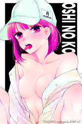 Rule 34 | 1girl, absurdres, arima kana, artist name, bare shoulders, baseball cap, black background, blush, bob cut, border, breasts, collarbone, commentary request, copyright name, dated, hat, highres, inverted bob, jacket, looking at viewer, medium breasts, medium hair, navel, no bra, off shoulder, open clothes, open jacket, open mouth, oshi no ko, pink eyes, pink hair, solo, tongue, tongue out, upper body, white border, yurigera 8959