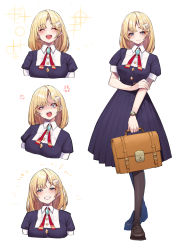 Rule 34 | 1girl, :d, :o, alternate costume, anger vein, bag, black pantyhose, blonde hair, blue eyes, blush, briefcase, brooch, closed eyes, commentary, cropped torso, full body, grin, hair ornament, half-closed eye, half-closed eyes, highres, hololive, hololive english, jewelry, looking at viewer, medium hair, mikan (chipstar182), neck ribbon, open mouth, pantyhose, ribbon, school bag, school briefcase, simple background, smile, solo, sparkle, virtual youtuber, watson amelia, white background