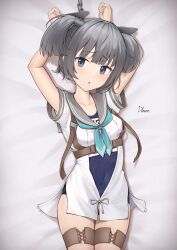 Rule 34 | 1girl, aqua neckerchief, arms behind head, blue one-piece swimsuit, bound, bound wrists, chain, chest harness, covered navel, cowboy shot, driftkingtw, grey eyes, grey hair, grey sailor collar, harness, headgear, highres, i-36 (kancolle), kantai collection, looking at viewer, lying, name tag, neckerchief, one-piece swimsuit, restrained, sailor collar, sailor shirt, school swimsuit, shirt, short hair, solo, swimsuit, swimsuit under clothes, twintails