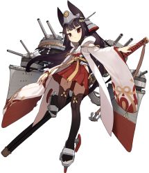 Rule 34 | 1girl, alternate costume, anchor, animal ears, azur lane, black hair, black thighhighs, breasts, chrysanthemum, closed mouth, extra ears, eyebrows, eyeliner, facing away, flower, fox ears, frown, full body, haori, hip vent, holding, holding sword, holding weapon, hood, hood down, japanese clothes, jong tu, katana, kikumon, leg up, legs apart, long hair, long sleeves, looking at viewer, machinery, makeup, miniskirt, nagato (azur lane), nagato (azur lane) (old design), official art, pleated skirt, red eyes, red skirt, rope, sheath, sheathed, shide, shimenawa, skirt, small breasts, solo, standing, standing on one leg, straight hair, sword, tabi, tachi-e, thighhighs, transparent background, turret, turtleneck, weapon, wide sleeves