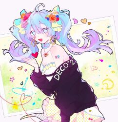 Rule 34 | 1girl, ai kotoba iii (vocaloid), aqua eyes, aqua hair, bandage on face, bandages, bare shoulders, black sleeves, bow, bowtie, commentary, cupping hands, detached sleeves, earrings, flower, hair between eyes, hair bow, hair flower, hair ornament, hands up, hatsune miku, heart, heart-shaped pupils, highres, jewelry, looking at viewer, non-web source, open mouth, own hands together, shirt, solo, symbol-shaped pupils, tattoo, twintails, upper body, vocaloid, white background, white shirt