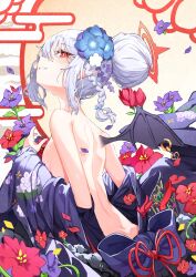Rule 34 | 1girl, back, bare shoulders, black wings, blue archive, blue flower, blush, braid, breasts, demon wings, falling petals, floral print, flower, from side, grey hair, grin, hair bun, hair flower, hair ornament, halo, haruna (blue archive), highres, japanese clothes, kimono, looking at viewer, looking to the side, mocha kura, off shoulder, official alternate costume, petals, pointy ears, print kimono, purple flower, purple kimono, red eyes, red flower, sideboob, single braid, single hair bun, single wing, small breasts, smile, solo, wing ornament, wings