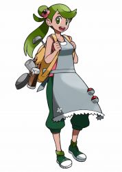 Rule 34 | 1girl, :d, aged up, alternate costume, alternate hairstyle, apron, backpack, bag, breasts, capri pants, coffee cup, collarbone, creatures (company), cup, dark skin, disposable cup, flower, frying pan, full body, game freak, green eyes, green hair, hair flower, hair ornament, ladle, long hair, mabu (dorisuto), mallow (pokemon), matching hair/eyes, medium breasts, nintendo, open mouth, pants, poke ball, pokemon, pokemon sm, ponytail, simple background, smile, standing, tank top, teeth, thermos, trial captain, white background