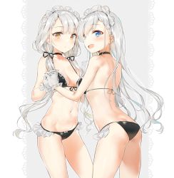 Rule 34 | 2girls, :d, ass, back, bad id, bad pixiv id, bare arms, bare shoulders, bikini, black bikini, black choker, black ribbon, blue eyes, blush, braid, braided bangs, breasts, brown eyes, butt crack, choker, cleavage, collarbone, commentary request, cowboy shot, french braid, frilled bikini, frills, front-tie bikini top, front-tie top, gloves, groin, hair over shoulder, hair ribbon, headdress, highres, holding hands, long hair, looking at viewer, looking back, low twintails, multiple girls, navel, open mouth, original, parted lips, ribbon, sabet (young ouo), shoulder blades, sidelocks, silver hair, small breasts, smile, standing, stomach, swimsuit, thighs, twintails, very long hair, wavy hair, white gloves