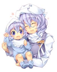 Rule 34 | 2girls, :d, baby, bib, blush, closed eyes, female focus, hat, highres, kokka han, letty whiterock, light purple hair, mother and child, mother and daughter, multiple girls, open mouth, purple eyes, purple hair, short hair, smile, touhou