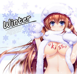 Rule 34 | 1girl, blue eyes, blush, body writing, breasts, english text, engrish text, gloves, hat, heart, large breasts, long hair, looking at viewer, migumigu, mittens, naked scarf, orange hair, original, ranguage, scarf, snow, snowflakes, solo, topless, very long hair, white gloves, white scarf