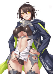 Rule 34 | 1girl, ahoge, azur lane, baltimore (azur lane), black hair, blue jacket, blush, braid, breasts, center opening, character name, clothes writing, clothing cutout, coat, commentary request, cowboy shot, cuboon, garter straps, gluteal fold, hands on own hips, hood, hooded coat, jacket, large breasts, leotard, lifting own clothes, long sleeves, midriff, nail polish, navel, open clothes, open coat, parted lips, pelvic curtain, pink nails, purple coat, short hair, sidelocks, standing, stomach, stomach cutout, sweatdrop, thighhighs, twitter username, underboob, white background, yellow eyes
