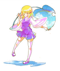 Rule 34 | 1girl, blonde hair, blush, cis (carcharias), female focus, full body, hair ribbon, leaf, long sleeves, looking at viewer, moriya suwako, one eye closed, open mouth, outstretched arm, purple footwear, purple skirt, red ribbon, ribbon, shoes, simple background, skirt, skirt set, sleeveless, smile, solo, standing, standing on one leg, thighhighs, touhou, tress ribbon, vest, white background, white thighhighs, wide sleeves, yellow eyes