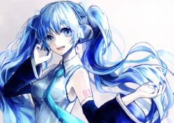 Rule 34 | 1girl, bad id, bad pixiv id, blue eyes, blue hair, detached sleeves, hatsune miku, headphones, kohana (ayako), long hair, matching hair/eyes, nail polish, necktie, open mouth, pale skin, revision, solo, tattoo, twintails, very long hair, vocaloid