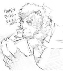 Rule 34 | 1boy, animal ears, arknights, bara, book, collared shirt, cropped torso, facial hair, furry, furry male, goatee, graphite (medium), greyscale, happy birthday, high ponytail, highres, holding, holding book, jewelry, kalonezhno, large hands, looking at viewer, male focus, monochrome, mountain (arknights), mountain (book reader) (arknights), ring, scar, scar across eye, shirt, short hair, smile, solo, thick eyebrows, tiger boy, tiger ears, traditional media, white fur, white hair