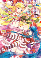 Rule 34 | 10s, 2girls, ass, bare shoulders, blonde hair, blue eyes, blue hair, bow, cake, christmas, confetti, domotolain, elbow gloves, food, fork, fruit, gloves, grin, hair bow, hat, long hair, looking at viewer, midriff, multiple girls, navel, open mouth, panties, panty &amp; stocking with garterbelt, panty (psg), plate, santa costume, santa hat, siblings, sisters, skirt, smile, stocking (psg), strawberry, striped clothes, striped legwear, striped panties, striped thighhighs, stuffed toy, thighhighs, underwear
