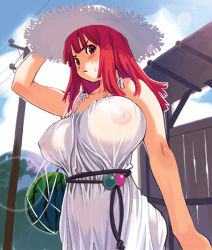 Rule 34 | 1girl, :/, annoyed, arm up, belt, blush, breasts, covered erect nipples, day, dress, embarrassed, food, from below, fruit, hat, huge breasts, la pucelle, lens flare, mole, mole under eye, net, nipples, nippon ichi, no bra, outdoors, power lines, prier, red eyes, red hair, ryoji (nomura ryouji), see-through, solo, standing, sun hat, sundress, sweatdrop, third-party edit, utility pole, watermelon, white dress