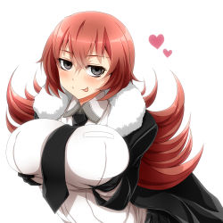 Rule 34 | 1girl, :d, blush, breast lift, breasts, fur trim, grey eyes, heart, highres, hoshigami zena, huge breasts, impossible clothes, impossible shirt, kure-nai, kurenai, long hair, looking at viewer, necktie, open mouth, red hair, shirt, simple background, smile, solo, watarui, white background