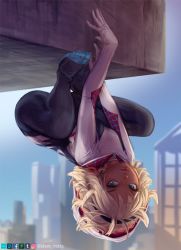 Rule 34 | 1girl, alberto moldes, animification, artist name, blonde hair, blue eyes, blue sky, blurry, bodysuit, building, depth of field, full body, gwen stacy, hairband, hood, hooded bodysuit, looking at viewer, marvel, outdoors, sky, skyscraper, solo, spider-girl, spider-gwen, spider-man (series), squatting, superhero costume, toe scrunch, toes, upside-down