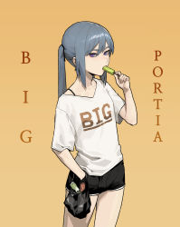 Rule 34 | 1girl, absurdres, bag, black shorts, bra strap, cowboy shot, food, gogalking, grey hair, hair between eyes, highres, holding, holding bag, looking at viewer, original, plastic bag, popsicle, purple eyes, shirt, short shorts, shorts, simple background, solo, twintails, white shirt, yellow background