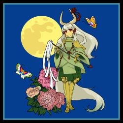 Rule 34 | 1girl, bad id, bad pixiv id, bug, butterfly, ex-keine, female focus, flower, full body, full moon, horns, bug, japanese clothes, kamishirasawa keine, long hair, mizushima ittou hei, moon, outdoors, plant, red eyes, ribbon, sky, solo, standing, tail, touhou