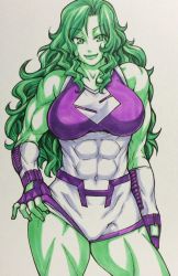 Rule 34 | 1girl, abs, animification, breasts, chiba toshirou, colored skin, cowboy shot, female focus, fingerless gloves, gloves, green eyes, green hair, green skin, jennifer walters, large breasts, leotard, long hair, looking at viewer, marker (medium), marvel, matching hair/eyes, muscular, muscular female, she-hulk, sketch, smile, solo, toned, traditional media
