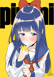 Rule 34 | 1girl, absurdres, blue hair, blue sailor collar, blush, bow, censored, censored gesture, character name, closed mouth, dated, fingernails, geshumaro, grey eyes, hair bow, highres, long hair, looking at viewer, middle finger, necktie, pipimi, poptepipic, red bow, red necktie, sailor collar, school uniform, serafuku, shirt, signature, simple background, smile, solo, white shirt, yellow background