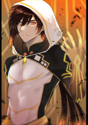 Rule 34 | 1boy, arm tattoo, bare shoulders, brown hair, closed mouth, coat, commentary, commentary request, eyeliner, eyeshadow, genshin impact, gradient hair, hair between eyes, highres, hood, hood up, hooded coat, kisekisaki, long hair, makeup, male focus, multicolored hair, orange hair, ponytail, red eyeshadow, sleeveless, solo, symbol-only commentary, tattoo, white coat, yellow eyes, zhongli (archon) (genshin impact), zhongli (genshin impact)