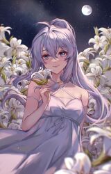 Rule 34 | 1girl, bare shoulders, breasts, chikenryice, closed mouth, dress, flower, grey eyes, grey hair, hair between eyes, hair ornament, highres, holding, holding flower, long hair, medium breasts, original, smile, solo, white dress