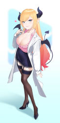 Rule 34 | 1girl, absurdres, bad kim, black footwear, black thighhighs, blonde hair, blue eyes, breasts, cleavage, demon girl, demon horns, demon tail, demon wings, frills, full body, garter straps, grin, heart, high heels, highres, hololive, horns, lab coat, large breasts, long hair, looking at viewer, pencil skirt, pointy ears, skirt, sleeves past wrists, smile, solo, tail, tattoo, thighhighs, virtual youtuber, wings, yuzuki choco, yuzuki choco (1st costume)