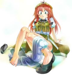 Rule 34 | 1girl, bad id, bad pixiv id, barefoot, blue eyes, braid, china dress, chinese clothes, dress, embodiment of scarlet devil, feet, female focus, hong meiling, long hair, oginano, pants, red hair, shoes, single shoe, solo, terebikko, touhou, twin braids